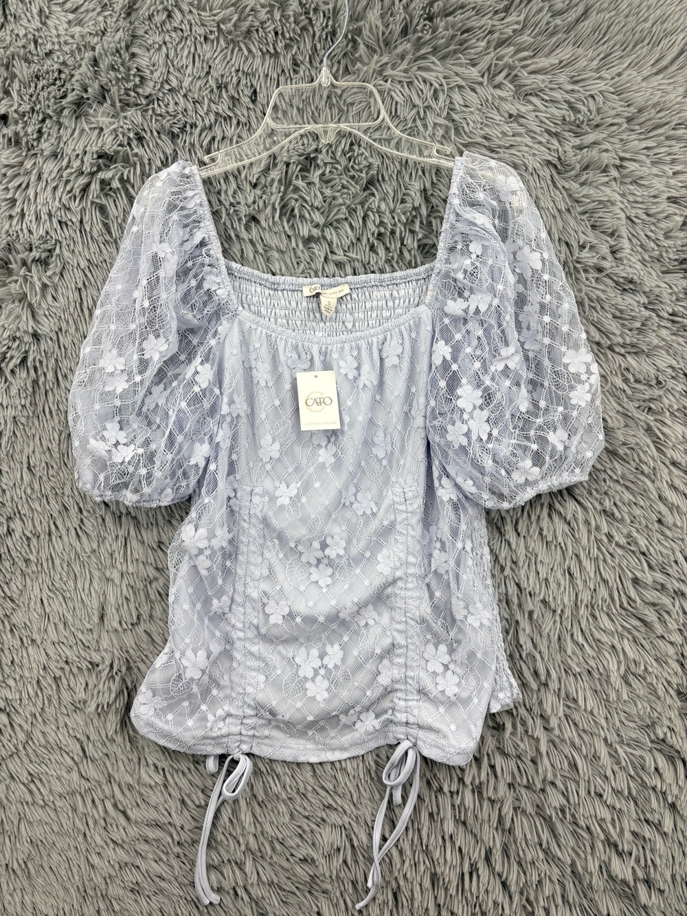 Cato Fashions Blouse Womens Small Blue Floral Lace Puff Sleeves Ruched Bodice